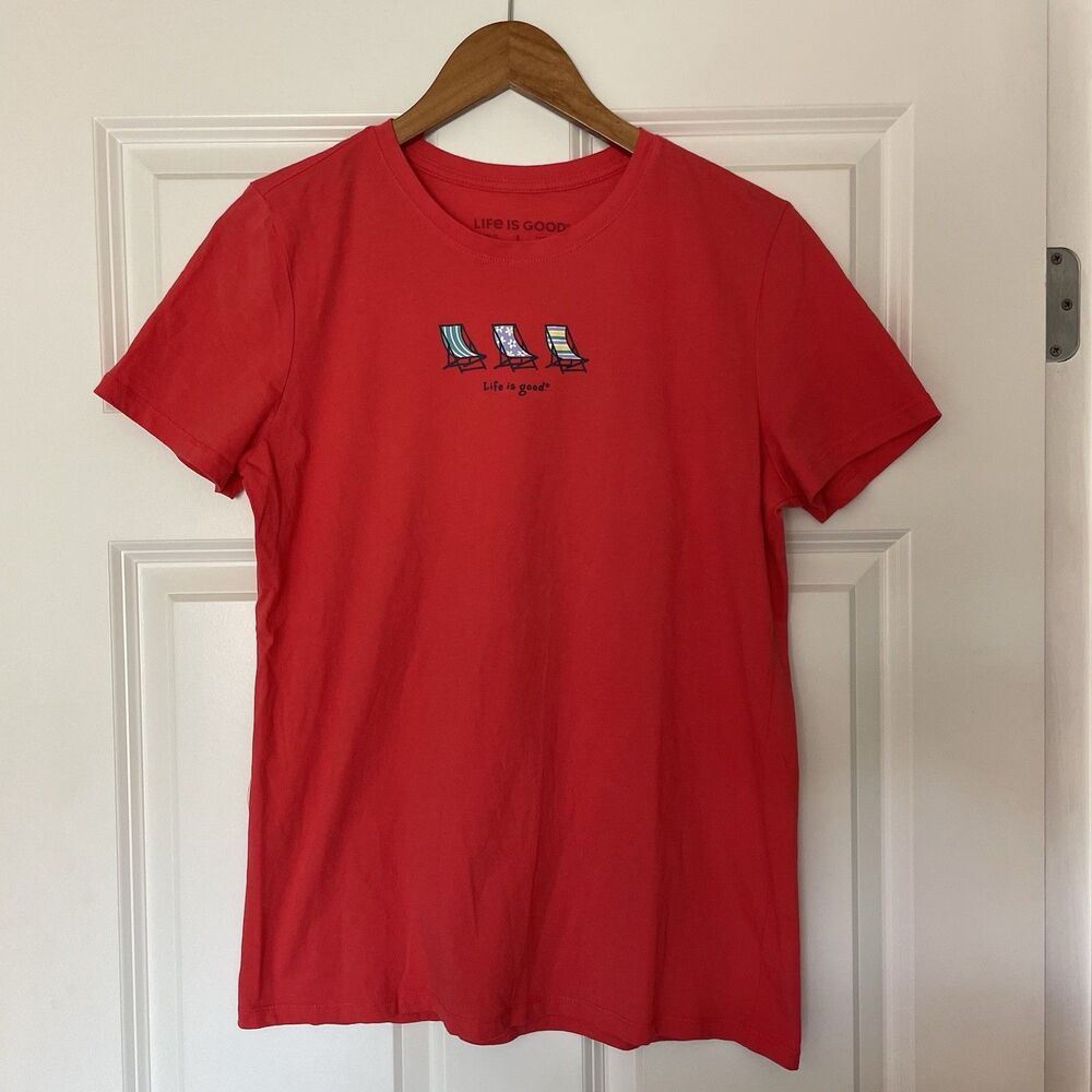 Life Is Good Short Sleeve T-Shirt Beach Chairs Red Coral 100% Cotton Size Large